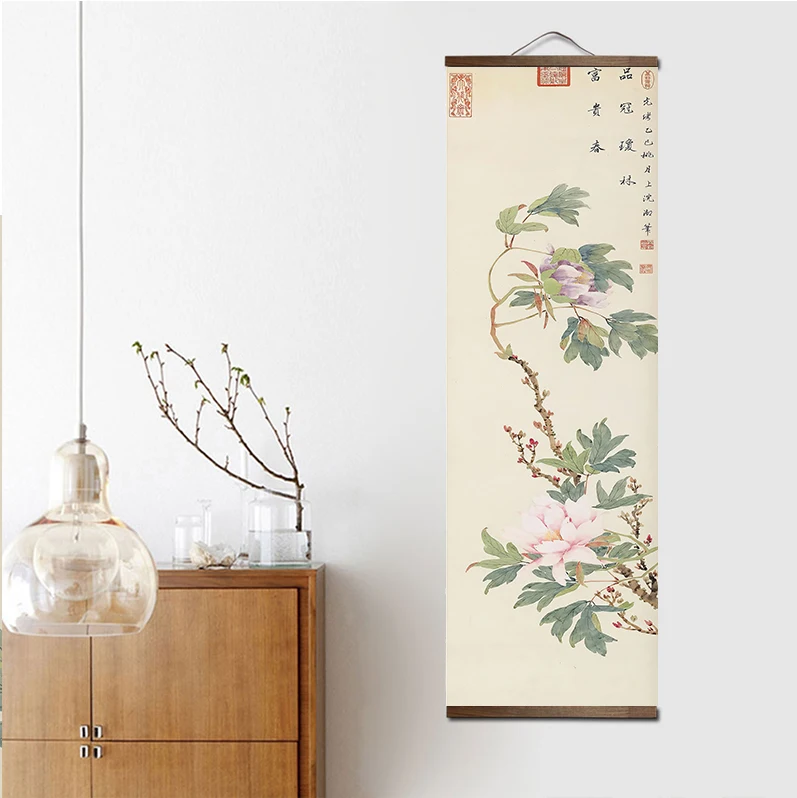 Chinese style Traditional green flowers Canvas for Living Room Wall Art Posters Solid Wood Scroll Paintings home decor |
