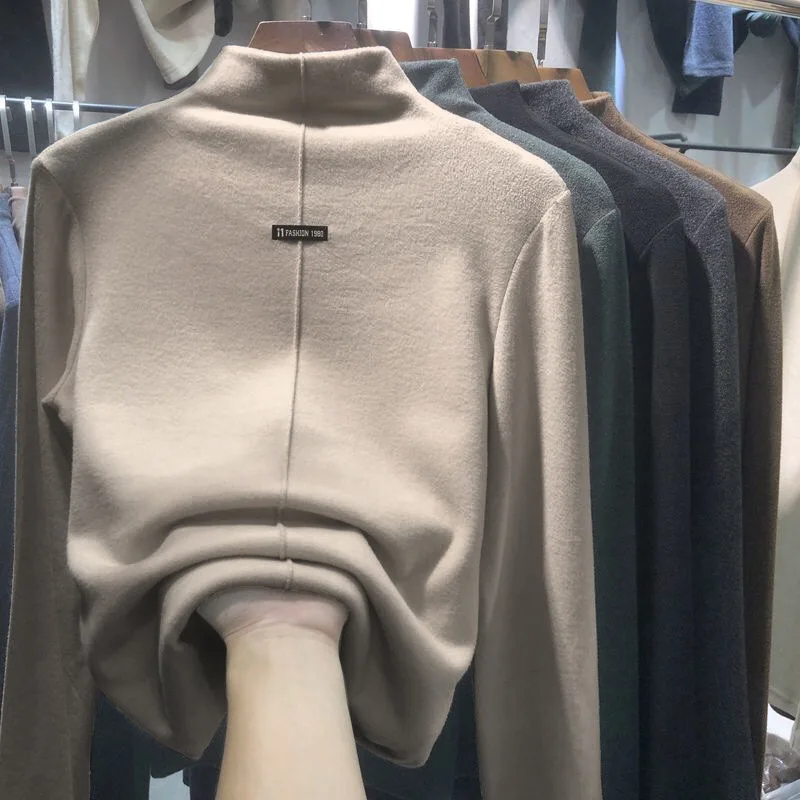 

Новинка 2023, осенне-зимняя Двусторонняя немецкая бархатная водолазка, нижняя рубашка, женский модный пуловер в Корейском стиле