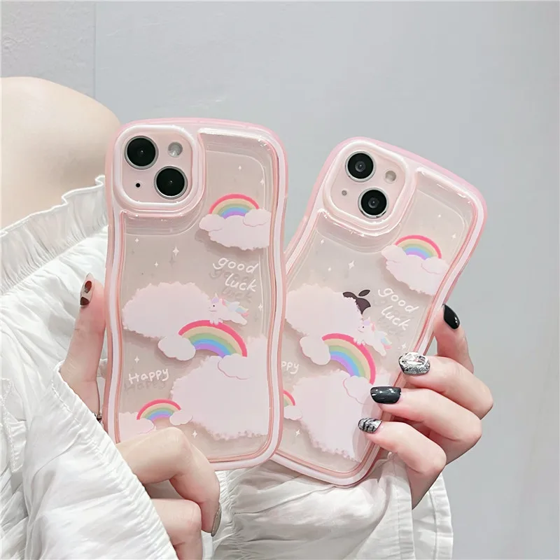 

Sweet unicorn rainbow cloud pink ripple border clear Phone Case For iPhone 13 11 12 Pro Max Xs Max XR X case Cute Cartoon Cover