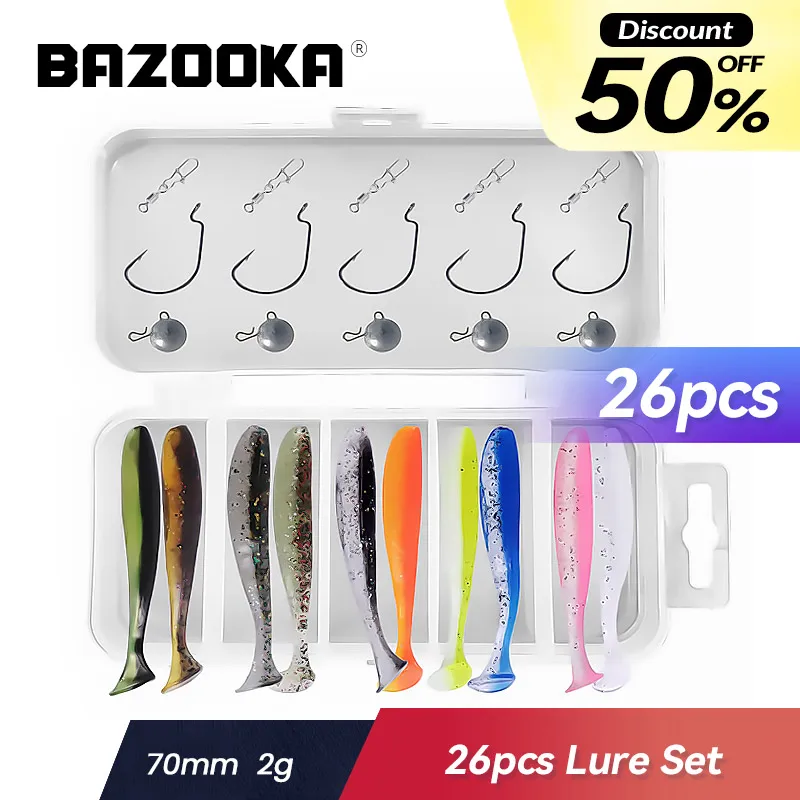 

Bazooka 26pcs Fishing Soft Lure Kit Set Silicone Bait Worm Jiging Shad Wobbler Lead Hooks Tackle Spoon Carp Pike Bass Box