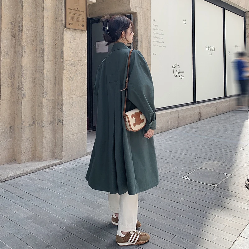 Серо-зеленая длинная блестящая Осенняя новая однобортная Повседневная