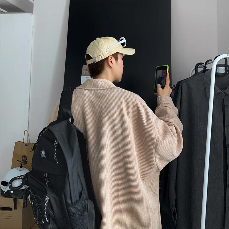 

Vintage Corduroy Oversized Male Cardigan Khaki Spring Clothes Tops Korean Baggy Shirts Autumn Blouse Sleeve Fashion Long Men