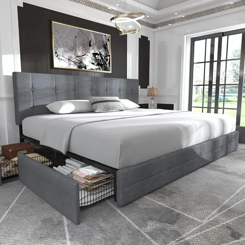 Королевский размер с 4 ящиками для хранения и изголовьем кровати квадратная