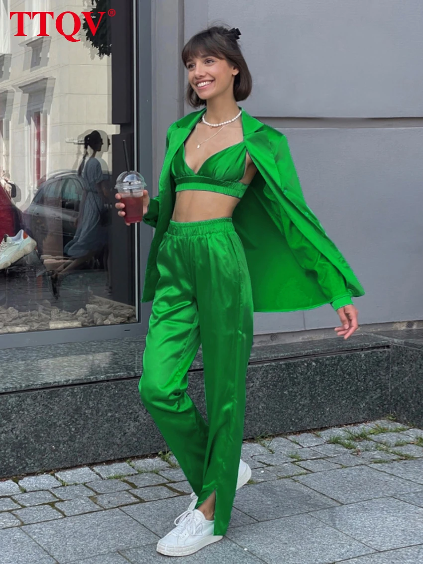

TTQV Casual Green Satin Three Piece Sets Womens Outifits Autumn Long Sleeve Shirts Camis Bra And High Waist Trousers Female Sets