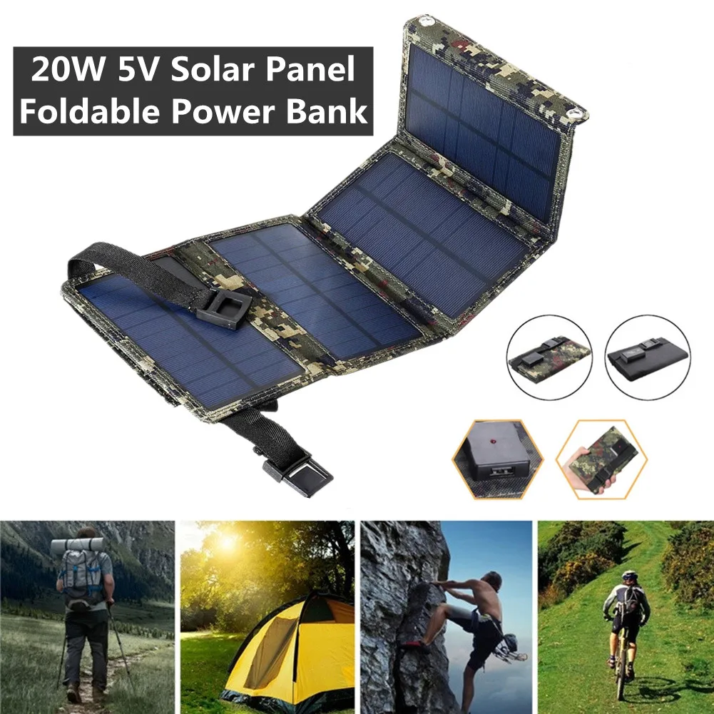 

20W 5V Foldable Solar Panel Power Bank Charger for iPhone Huawei Portable Outdoor Camping Waterproof Powerbank Power Station