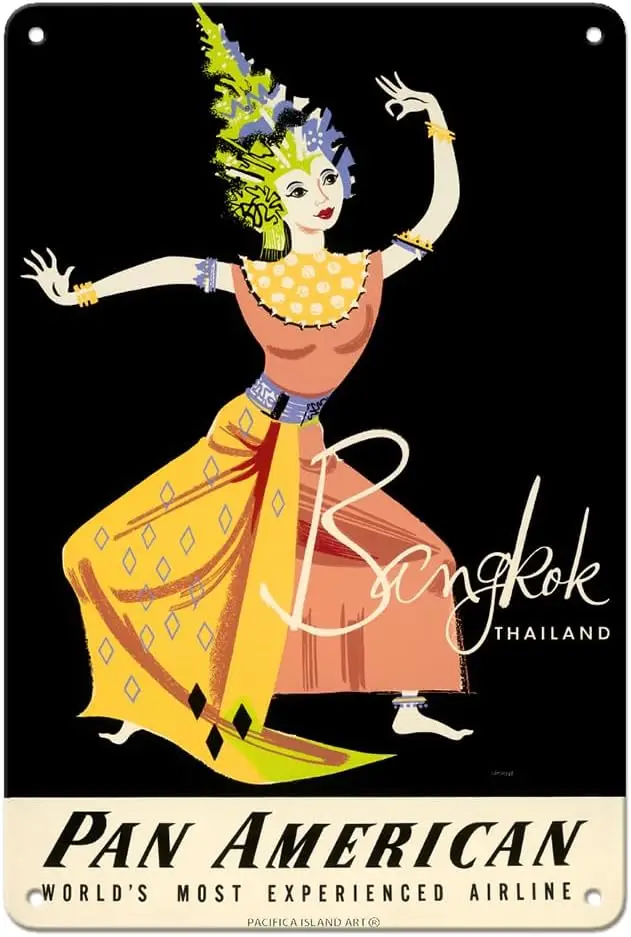 Bngkok Thlnd - Pn mer World rwys Th Womn Clsscl Dncer Vntge rlne Trvel Плакат ron mspoker c.1950s 8 x 12 nch Metl