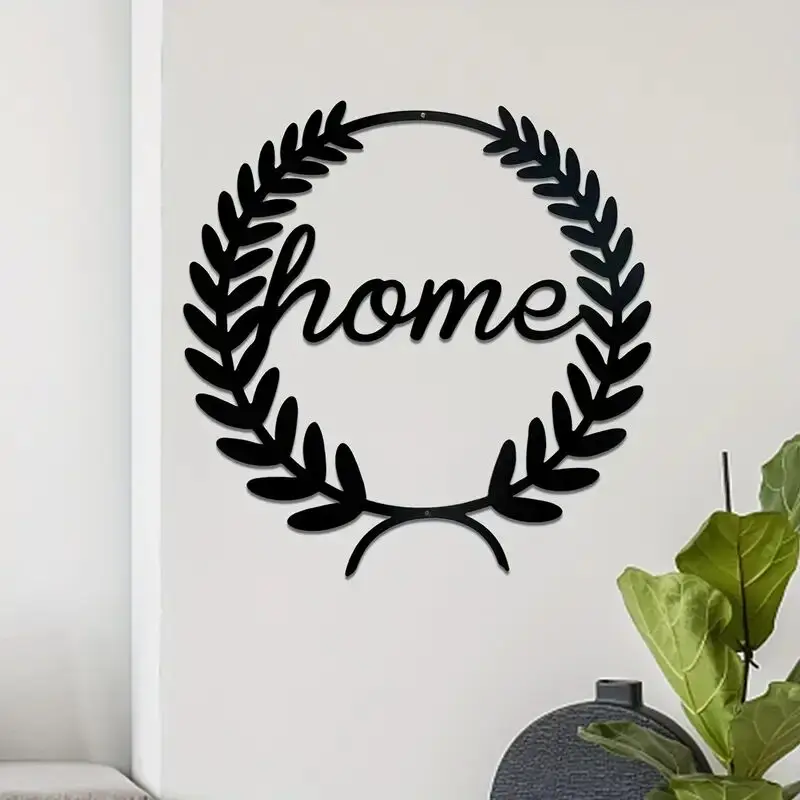 

1pc Black Home Wreath Wall Sign, Letter Metal Wall Sign, Wall Hanging Art For Family Laundry Shop Home Apartment Decals