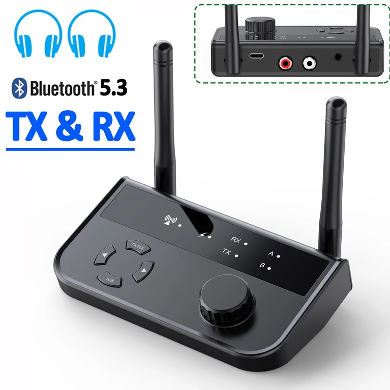 

Audio Transmitter Receiver 2 Headphones Working Together Bluetooth v5.3 3.5mm AUX Jack RCA Wireless Audio Music Adapter