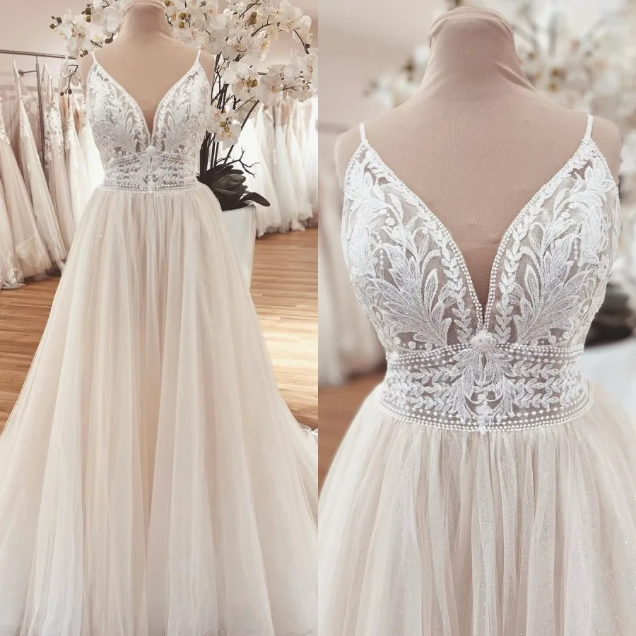 

Ball Gown V-Neck Glitter Tulle Sequins Appliques Sexy Back Court Train Wholesale Wedding Dresses 2023 New