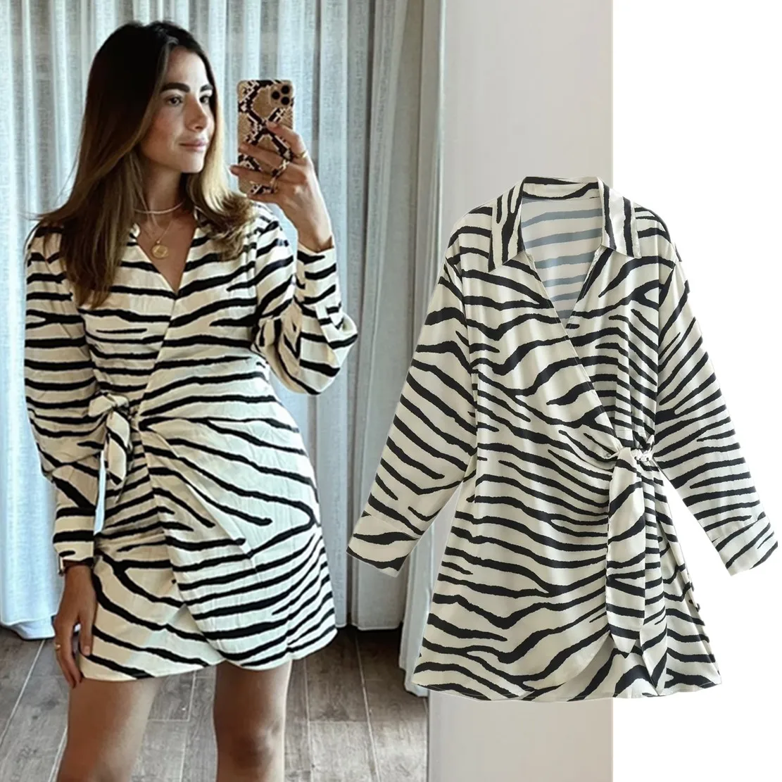 

Maxdutti Fashion Casual Shirt Dress Women High Street Ins Blogger Zebra Stripe Print Wrapped Mini Dress