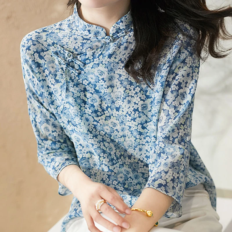 

Spring/Summer women's clothing 2022 new chiffon shirt Chinese wind plate buckle loose floral top women’s tops sexy blouse