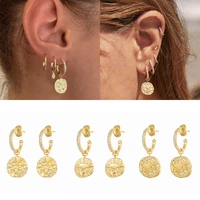 crmya boho style patterned cubic zircon hoop drop earrings for women gold silver color coin stud earring fashion jewelry