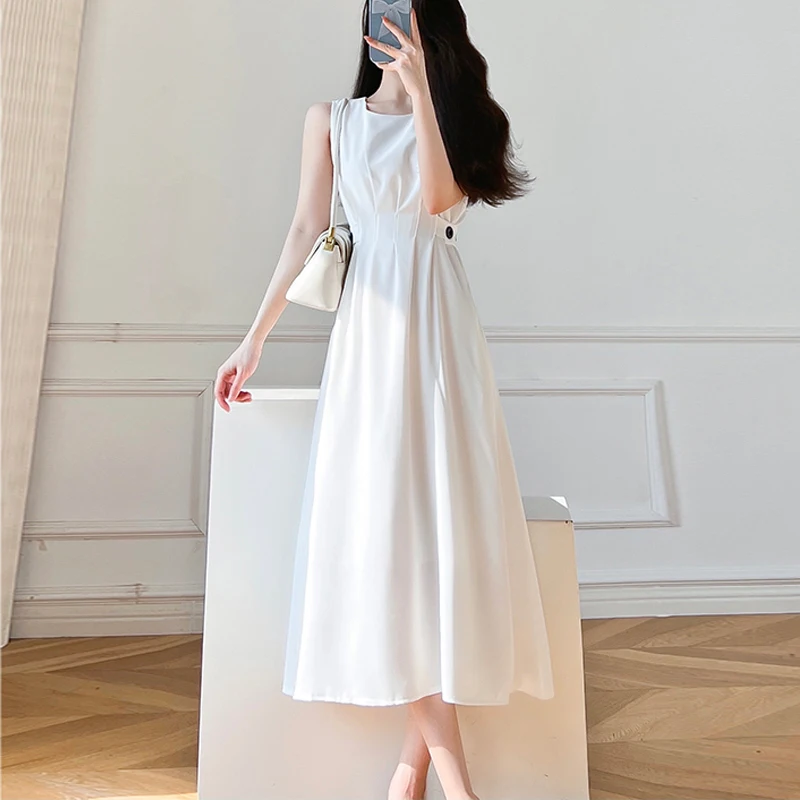 

Женское длинное облегающее платье миди без рукавов, элегантное офисное однотонное платье белого и черного цвета с круглым вырезом, лето 26128