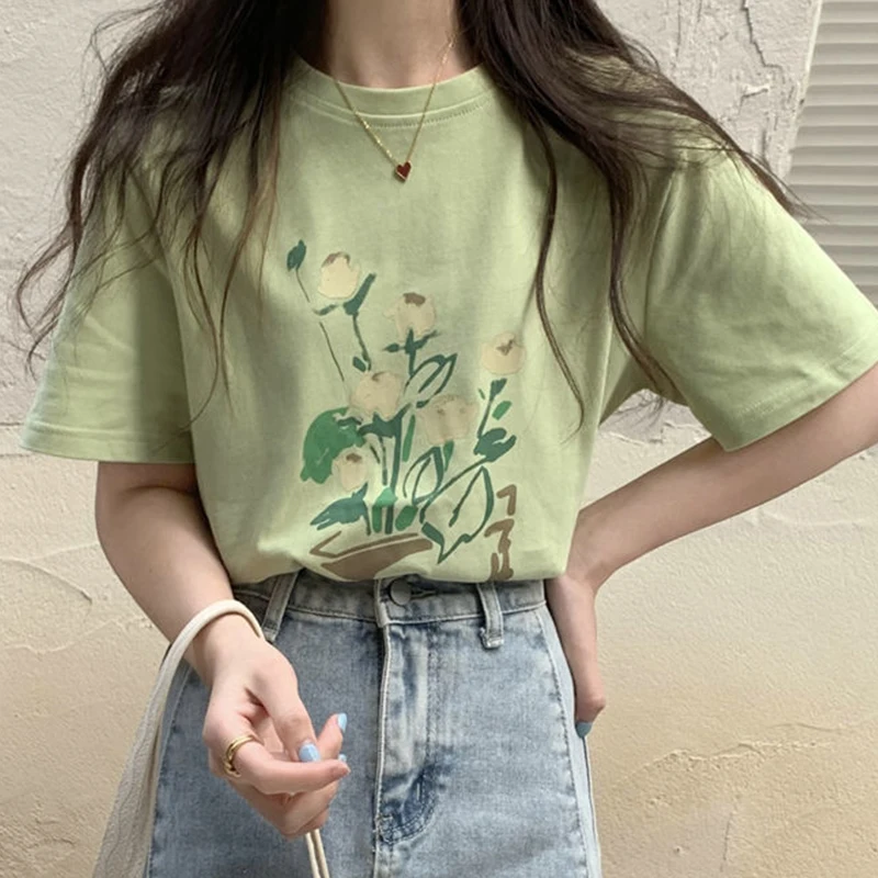 

Женская футболка с акварельным цветочным принтом, свободного покроя