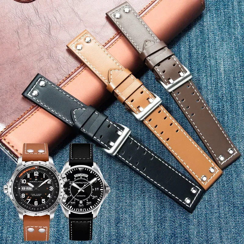 

20mm22mm Double Row Hole Leather Straps for Hamilton Seiko Watch Band Rivet Mens Military Pilot Khaki Field Aviation Watch Belts
