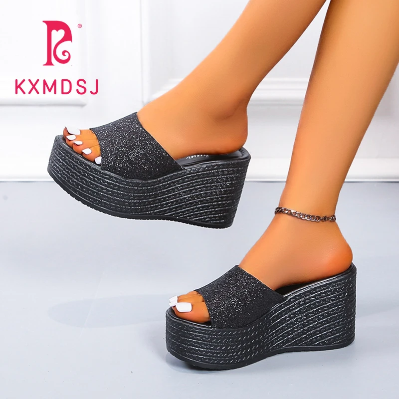 

Summer New 10cm Platform Sandals for Women Retro Bling Women Wedges Slippers Fashion Outside Women Beach Shoes Casual Slides