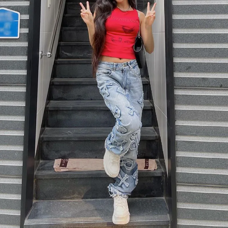 Women Fashion Vintage Letter Patchwork Loose Straight Jean Women Harajuku Ripped Straight Mom Jeans Y2K High Waist Grunge Pants