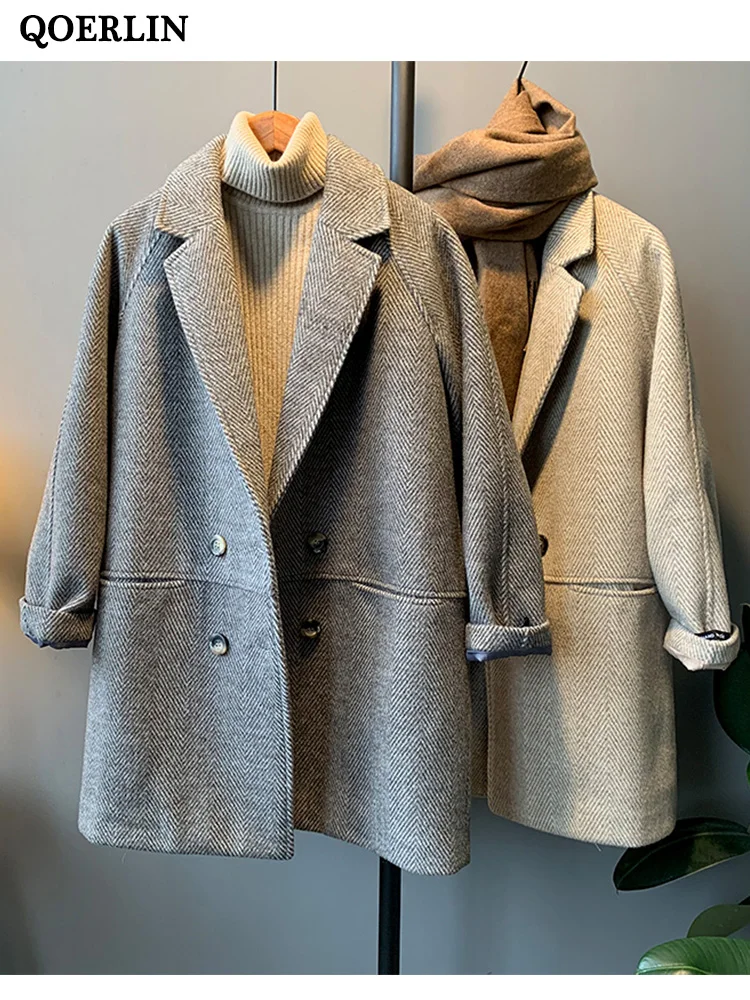 QOERLIN Padded Cotton Winter Woman Coat 2022 Wool Coat Chic and Elegant Jacket Long Blazer Double-Breasted Notched Collar Trench