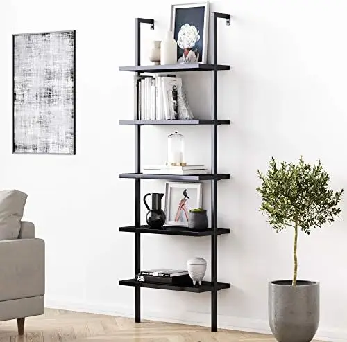 5-Shelf Black Modern Bookcase, Open Wall Mount Ladder Bookshelf with Industrial Metal Frame