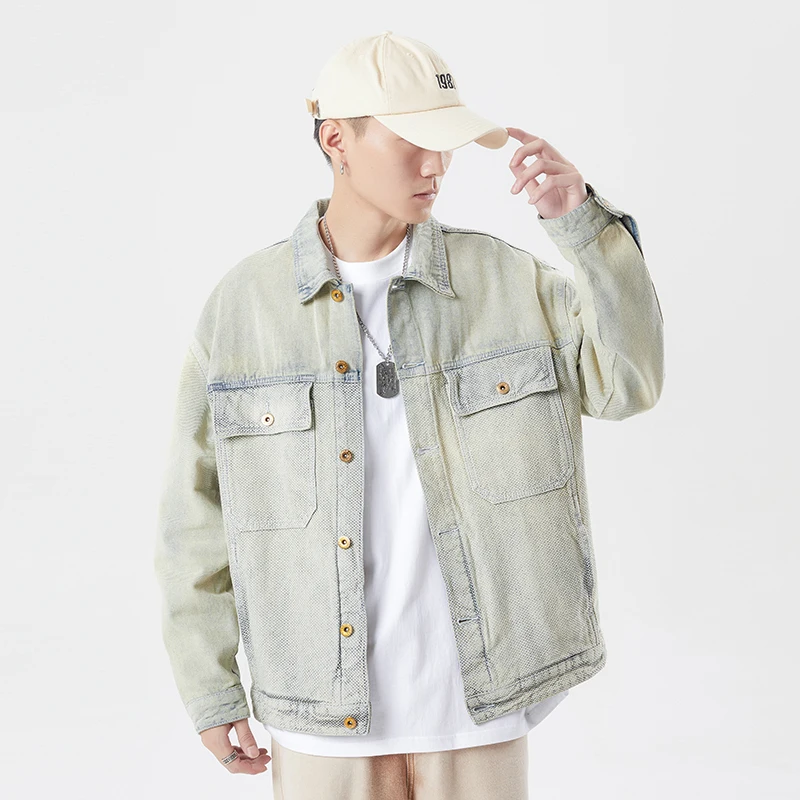 

2022 Autumn High Street American Jacquard Stitching Denim Coat Men's Loose Korean Denim Jacket