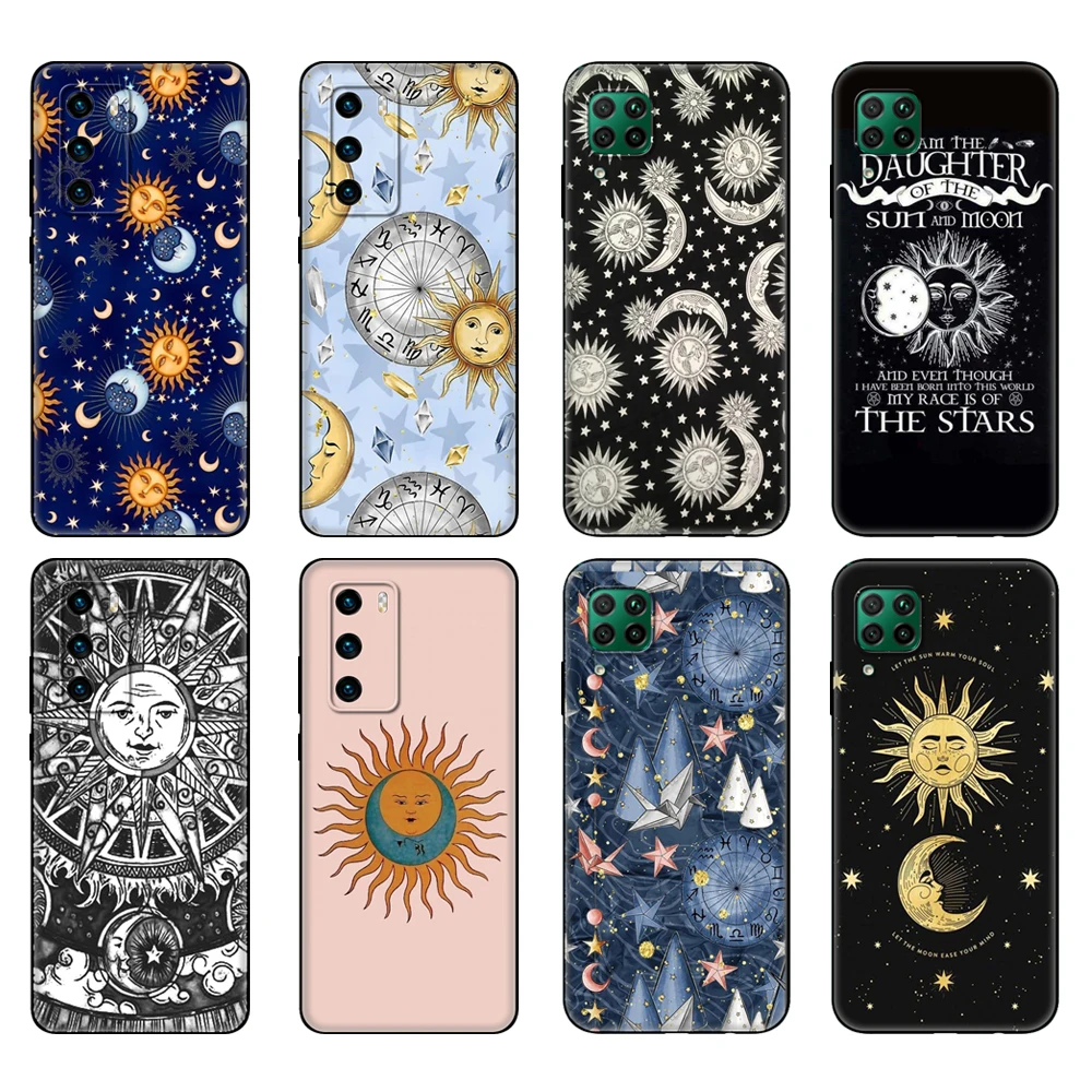 

Черный чехол из ТПУ для Huawei P30 Lite, P30 Pro, P40, чехол для Huawei P40 LITE, E, P Smart 2020, цветной чехол с изображением солнца, луны, звезд