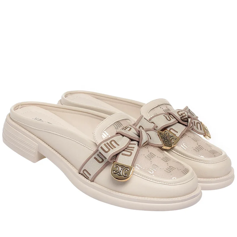 Loafers Baotou Half-Slippers Women'S Single Shoes 2023 New Summer Women'S Shoes Bowknot Hollow Mesh Outer Wear Sandals Fashion