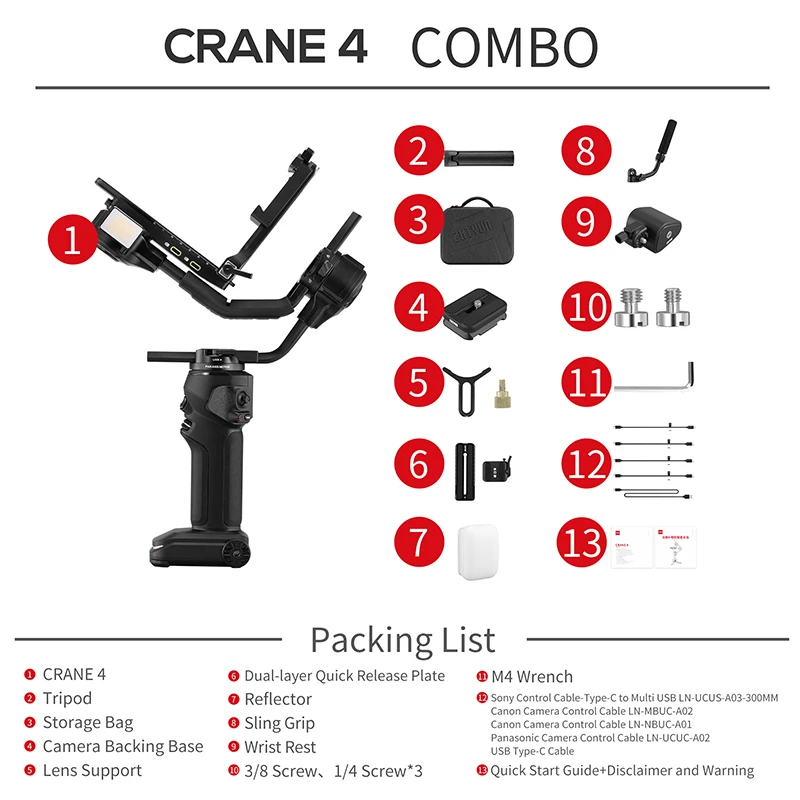 ZHIYUN Crane 4, стабилизатор подвеса для камеры, 3-осевой ручной подвес, заполняющий светильник для камеры Canon DSLR, портретная съемка (art.: 3920d0cc157ad) - 3920d0cc157ad