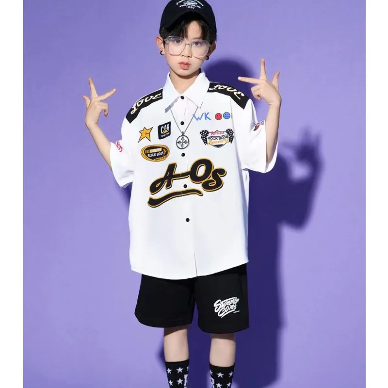 

Летняя одежда в стиле хип-хоп, костюм для джазовых и уличных танцев, Детская футболка и короткие брюки, комплект из 2 предметов, одежда для бальных танцев, для сцены