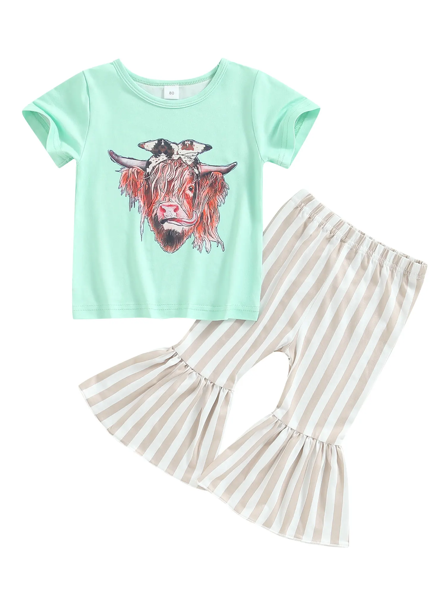 

Toddler Little Baby Girl Cow Cow Print Clothes Set Outfit Short Sleeve Top T-Shirt Flare Pants Trousers Fashion Summer