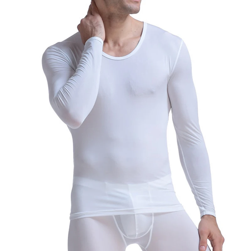 Summer Men's Undershirt Thermal Super Thin Men Ice Silk Solid Underwear Sheer T Shirts Long Johns Male Long Sleeves Tops Tees