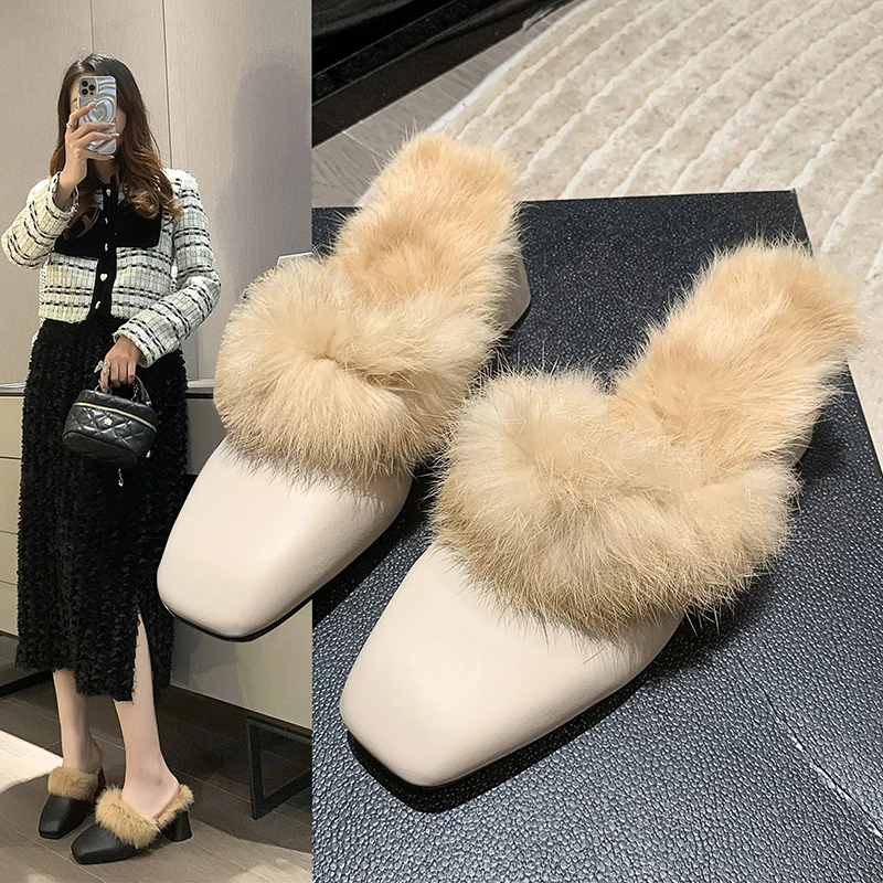 

Fur Shoes Ladies' Slippers Cover Toe Luxury Slides Mules For Women 2023 Square heel Med Pantofle Plush Designer Block Soft New R