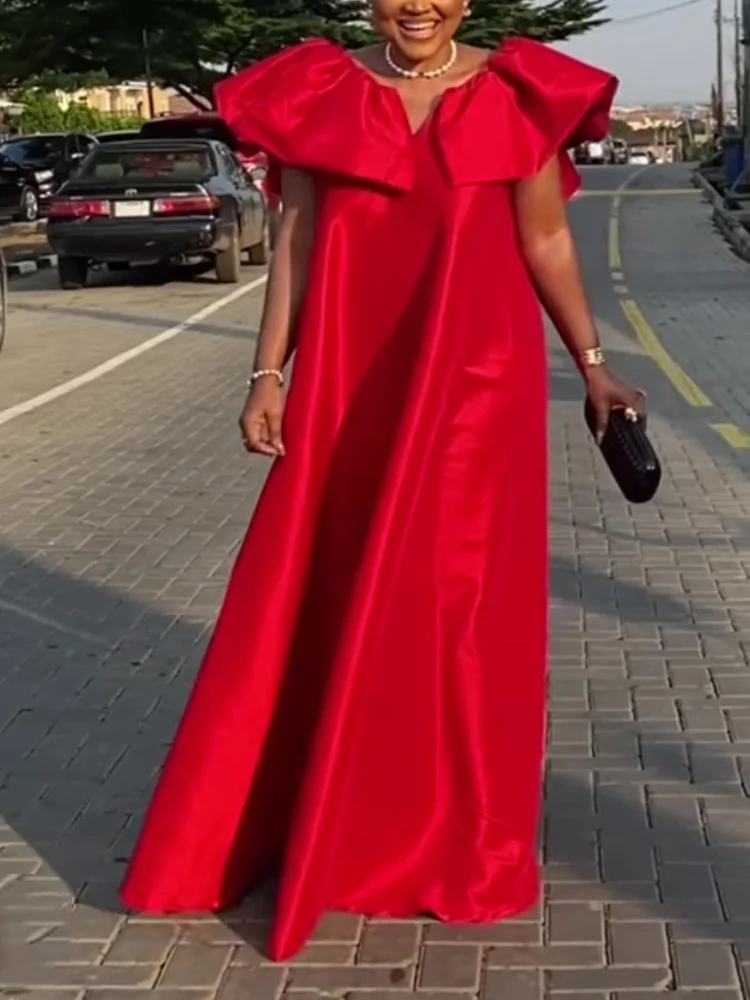 

Women Maxi Shift Dress Oversized Loose Casual Sparkly Robe Puff Cap Sleeve V Back Red Modest Party Club Christmas Long Gown 4XL