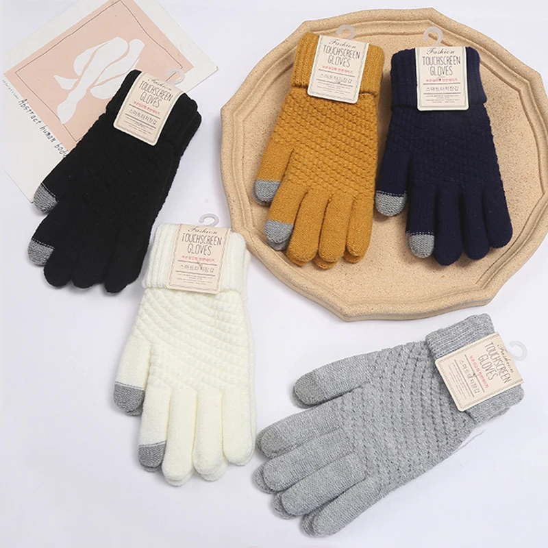 

Winter Touch Screen Gloves Women Men Warm Stretch Knit Mittens Imitation Wool Full Finger Guantes Female Crochet Luvas Thicken