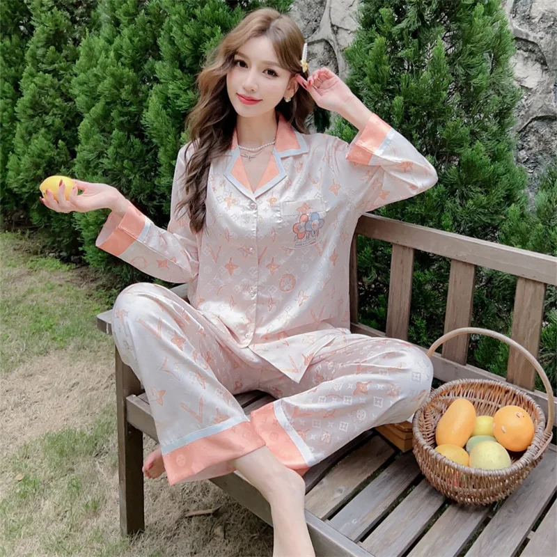 2023 Spring and Autumn New Artificial Silk Jacquard Pajamas Women's Long-Sleeved Trousers Pajamas Suit Fashion Comfortable Homew