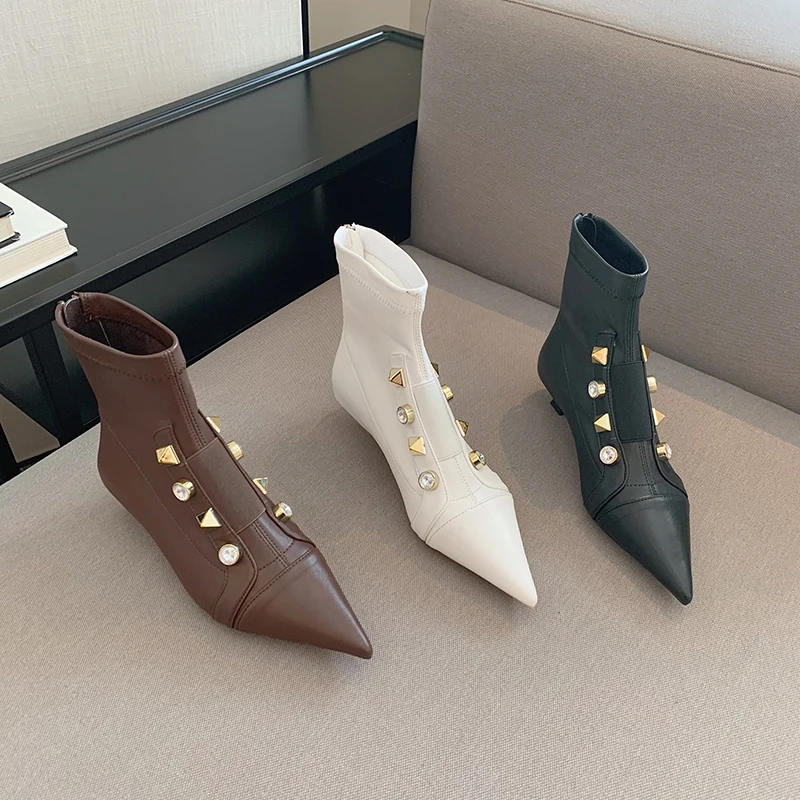 

Pointed Toe Women Ankle Boots 2022 New Arrivals Rivet Design Black White Brown Thin Low Heels Fashion Sock Booties Crystal Rivet