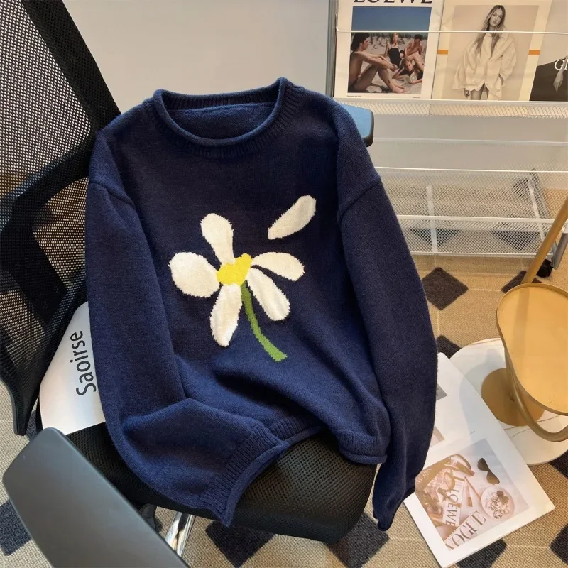 

Loose Vintage Women's Sweaters Cashmere Pullover Autumn/Winter Korean Clothing Long Sleeve Floral O-Neck Knitwear Jumpers