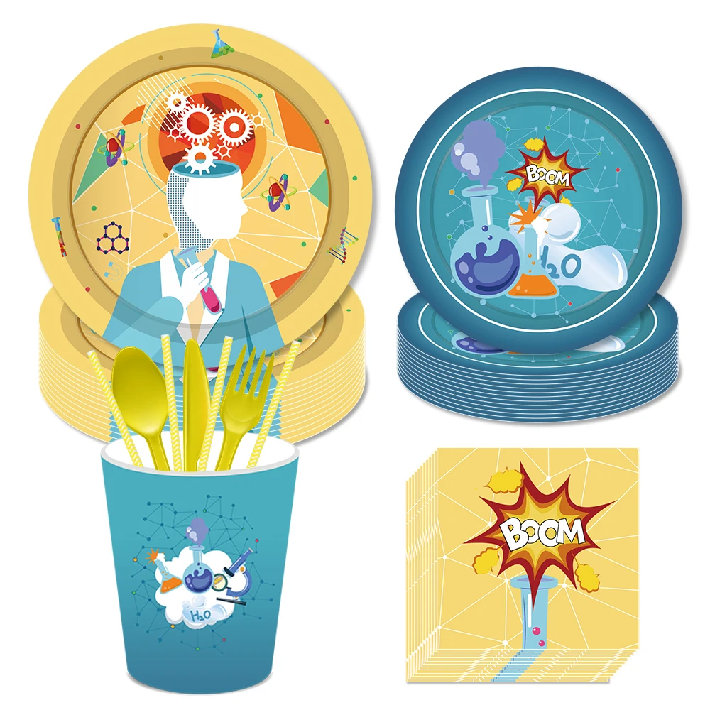 

Cartoon Scientist Laboratory Science Baby Shower Party Disposable Tableware Sets Paper Dessert Plates Birthday Party Decorations