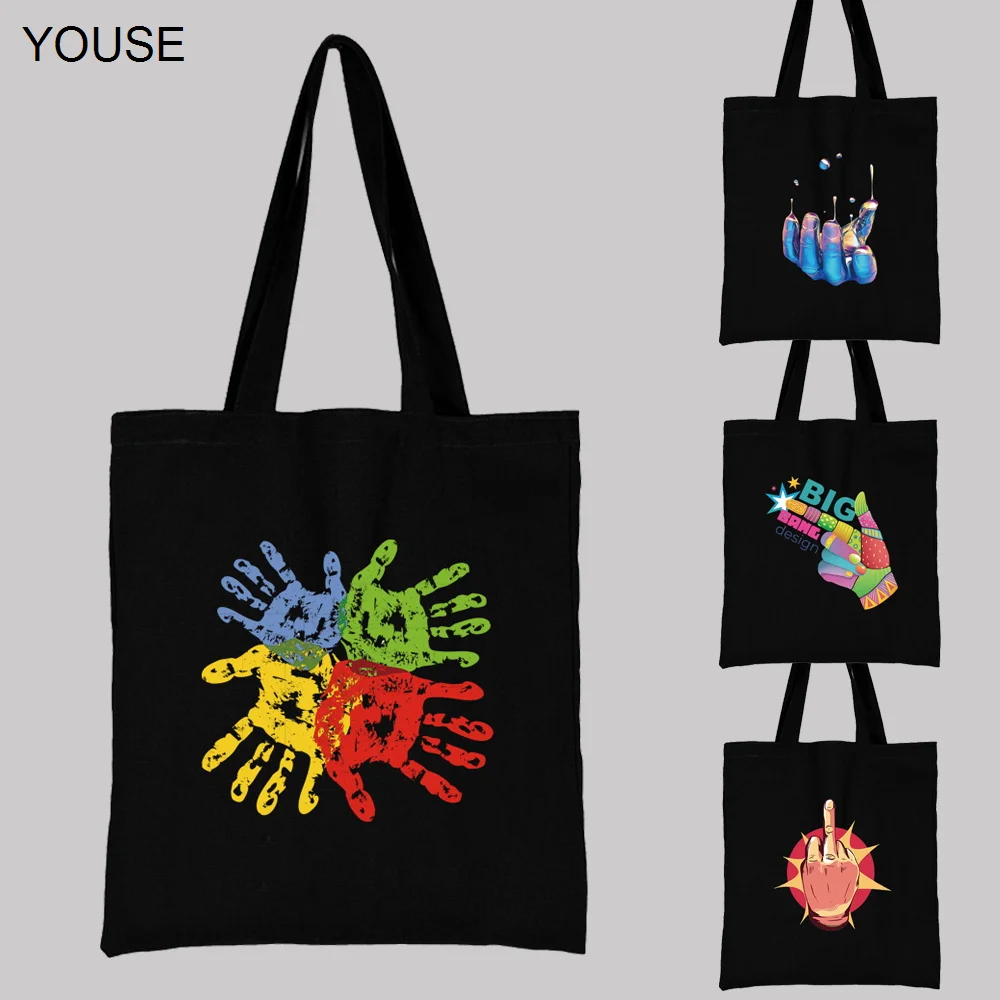 

YOUSE Women Black Shopping Bag Large-capacity Shoulder Bag Reusable European and American Hand Pattern Printed Canvas Handbag