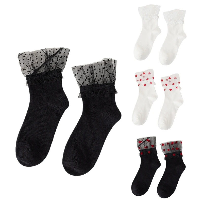 

Harajuku Breathable Crew Socks Women School Ruffle Mesh Splicing Hosiery