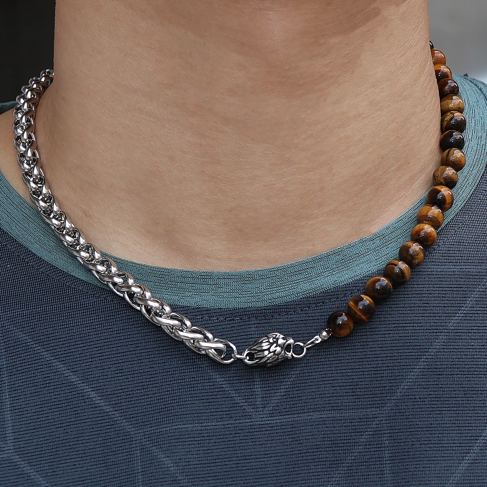 

New In 2022 Collar Hombre Men thick Stainless Steel Chain Natural Gem Stone Tiger Eye Beaded Punk Rock Lion Head Charm Necklace