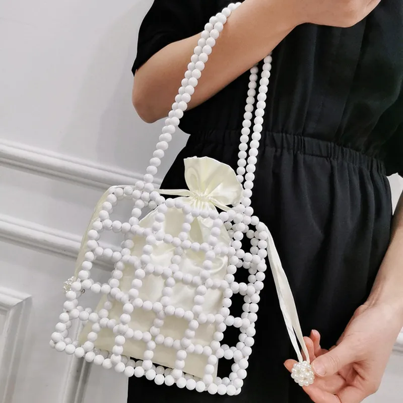 

Сумка-мешок из акриловых бусин, плетеная вручную жемчужная белая дамская сумочка-мешок высокого качества, миниатюрная сумка с бусинами