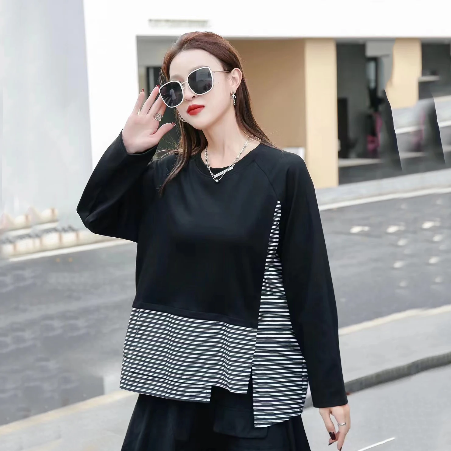 

220867 Patchwork Stripe T-Shirt 2022 Autumn New Arrival Fashion O-neck Irregular Loose Long Sleeve Big Size Casual Women Tops