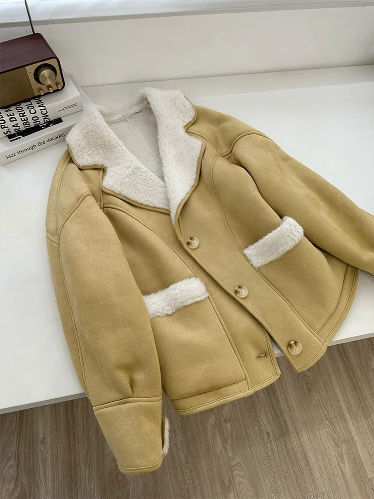 

Новинка 2023, верхняя одежда, мягкие теплые короткие кожаные куртки большого размера из овечьей шерсти, пальто, женская одежда в Корейском стиле на осень и зиму