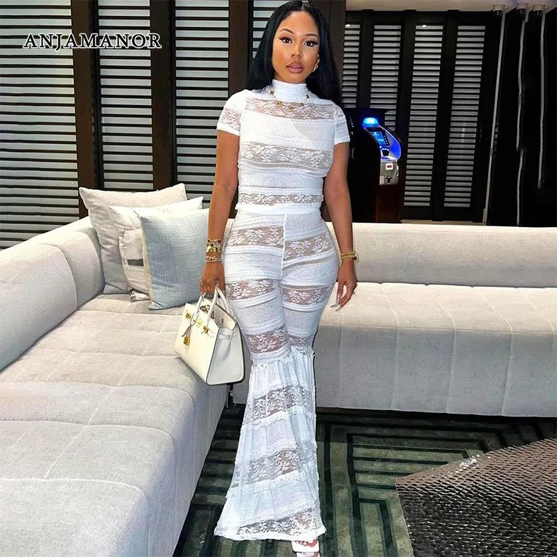 

ANJAMANOR White 2 Piece Sets Women Night Club Outfit Sexy See Through Lace Mesh Patchwork Top Flare Pants Matching Sets D85-DZ30