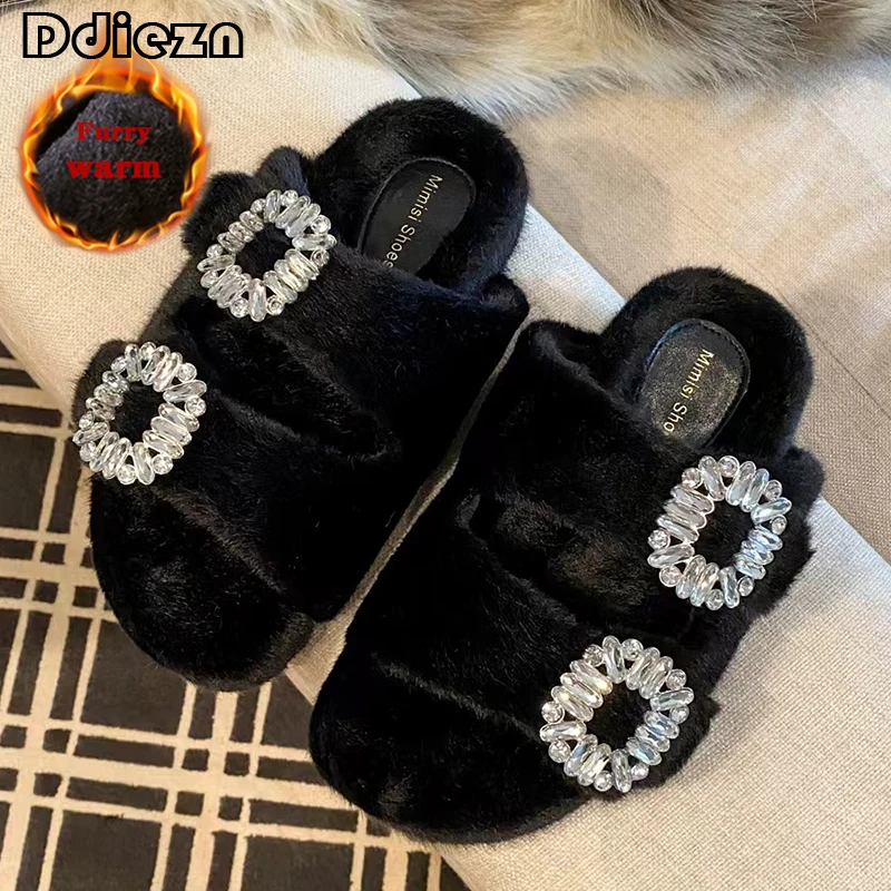 

New Women Slippers Ladies House Luxury 2023 Rhinestone Fur Crystal Winter Home Female Outdoor Flats Shoes Slides For Women