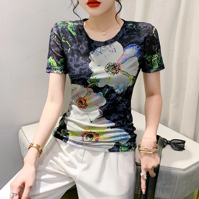 

Женская Сетчатая футболка с круглым вырезом, Приталенная футболка с коротким рукавом и цветочным принтом, модель 2023 в Корейском стиле на лето, 33144
