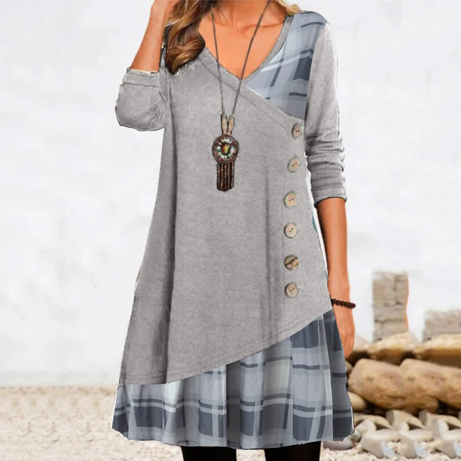 

Dresses for Women Sleeve Womens Long Sleeve V Neck Patchwork Dress Decorated Button Plaid Print Dress Long Summer Dress
