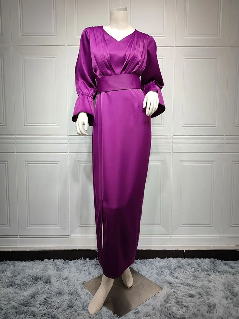 Party Abaya Arabic Evening Dress Women Satin Open Sleeves Front Pleated Muslim Long Dress Belted Islam Dubai Hem Split Abayas