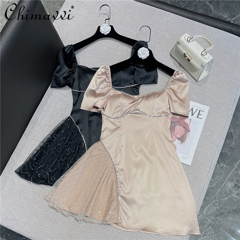 

2022 Summer New Fashion Diamond Grenadine Stitching Satin Dress Women Fashion Square-Neck Puff Sleeve Short Dress for Ladies