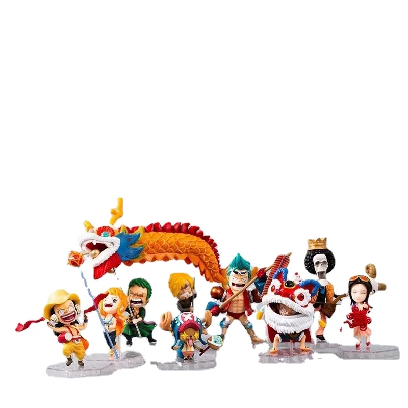 

10pcs/set Anime One Piece Chinese New Year Luffy Zoro BROOK lion Dragon dance Custome festive Action Figure Model fans Toys gift